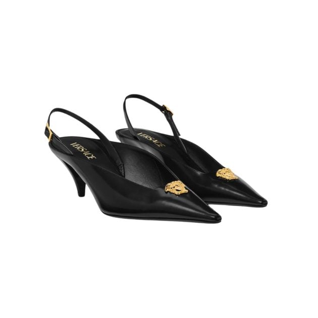 Versace black leather slingback pumps with kitten heels and a pointed toe