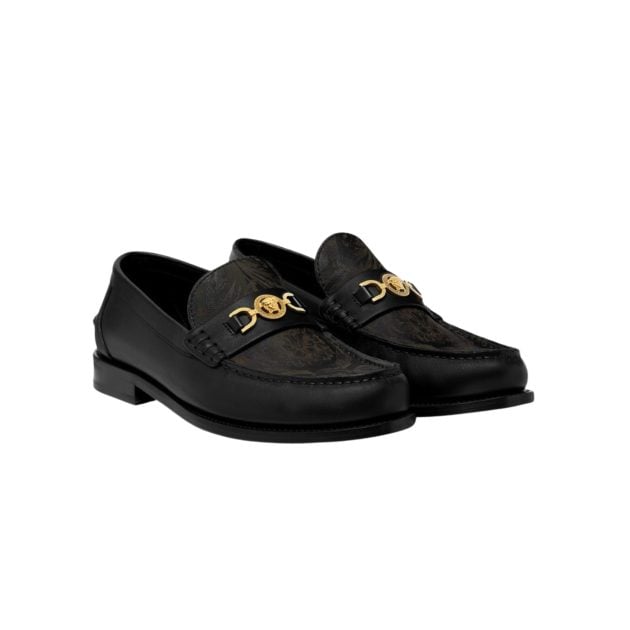 Versace black leather loafers with gold accents