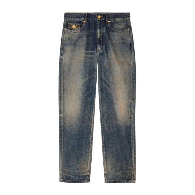 Versace stonewashed pencil fit jeans crafted from traditional Japanese denim