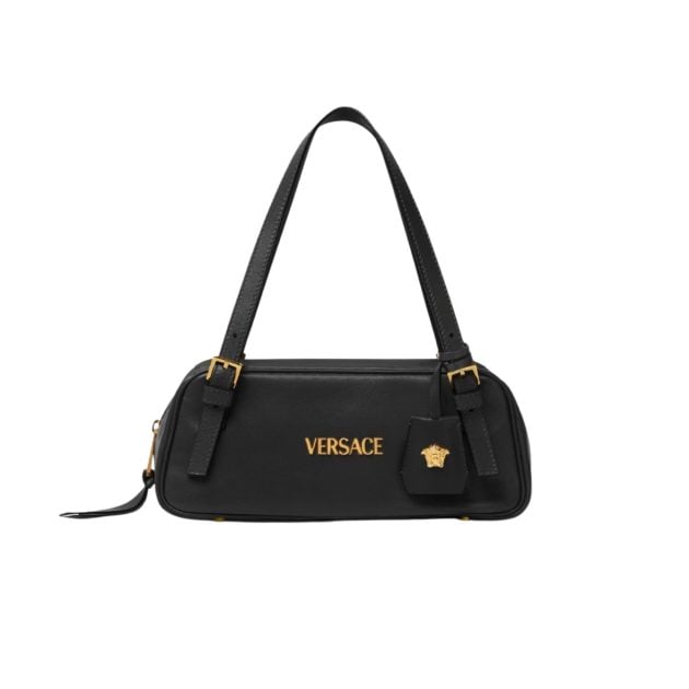 Versace black leather bowling shoulder bag with medusa hardware and a zipper closure