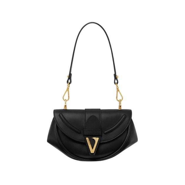 Versace black leather shoulder bag with a foldover flap and a gold V logo