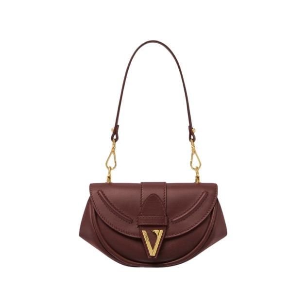 Versace brown leather shoulder bag with a foldover flap and a gold V logo