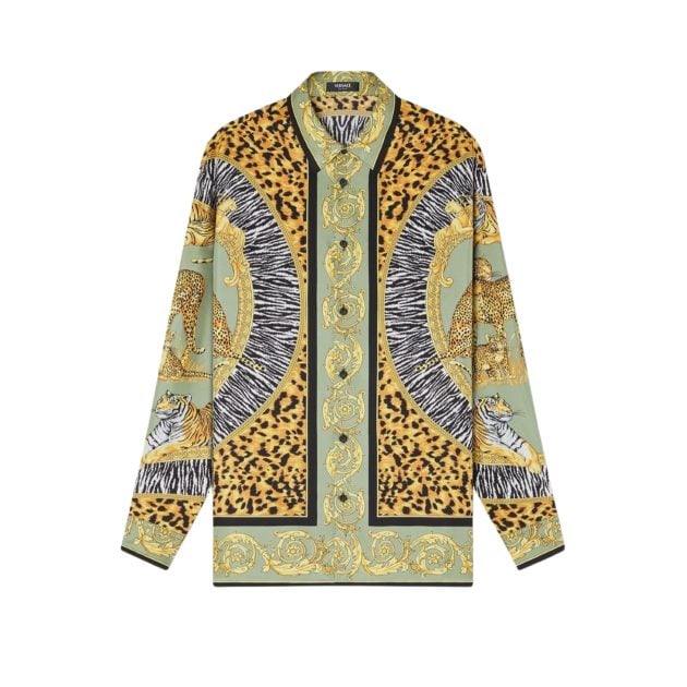 Versace silk button-up shirt featuring a wild cat print with lions, tigers, and zebra patterns