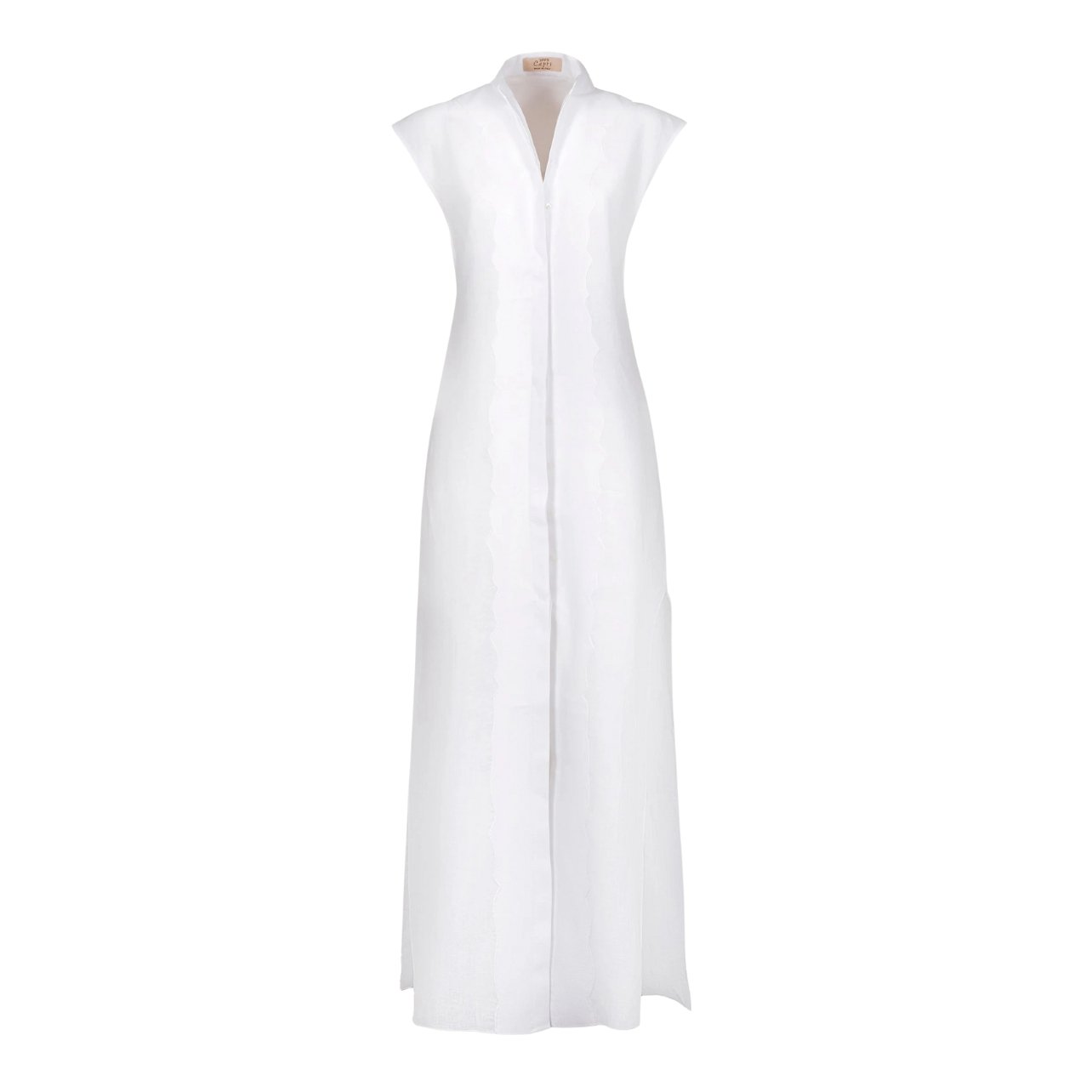 100% Capri white sleeveless chemisier dress is made from a breathable linen