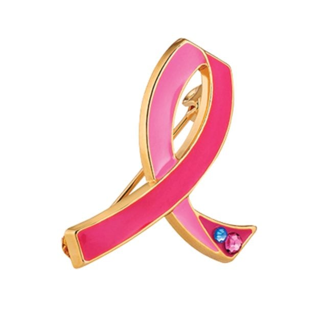 Estée Lauder pink ribbon breast cancer pin with a pink and blue diamond