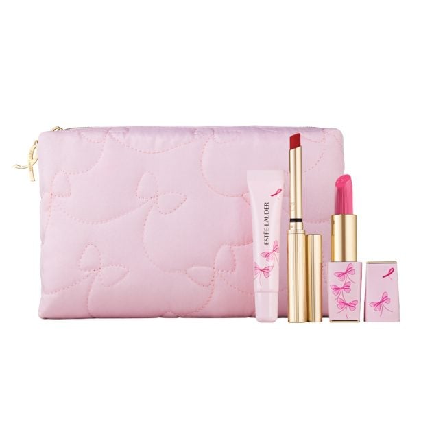 Estée Lauder pink makeup pouch containing lipsticks and lip gloss