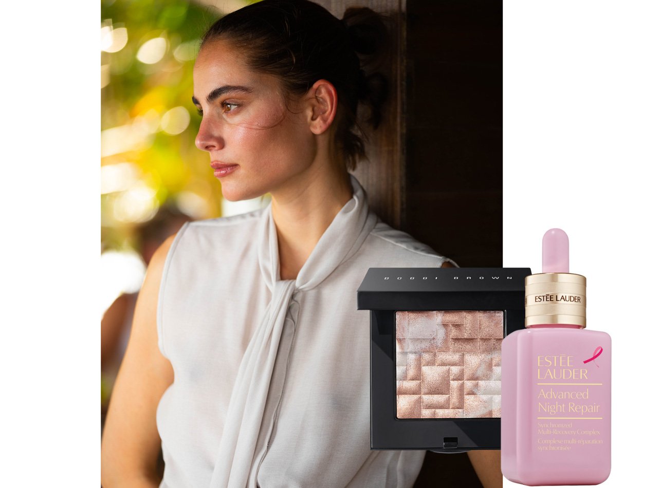 Collage of beauty products with a portrait of a woman