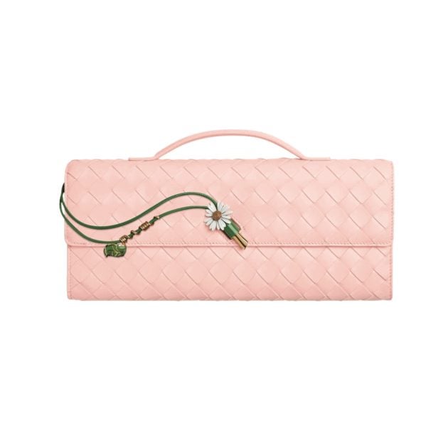 Bottega Veneta pink woven clutch bag with a braided leather texture