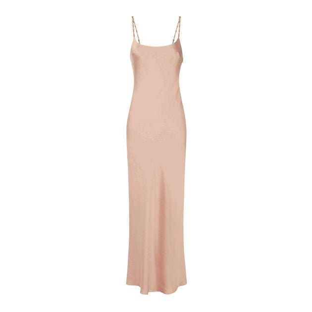 Elisabetta Franchi pink satin gown with a floor-length silhouette and elegant sheen