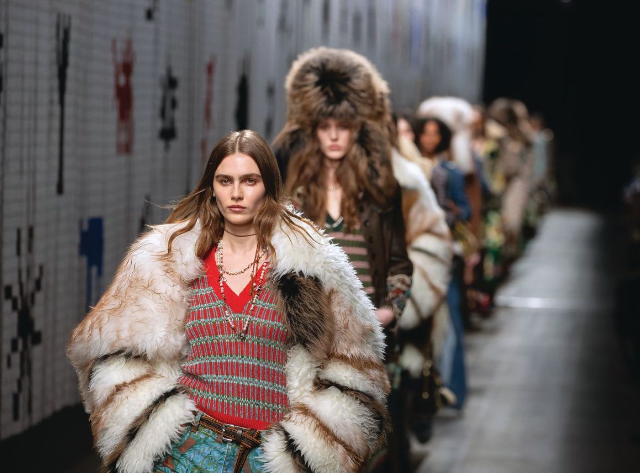 Etro runway models in Etro looks featuring fur jackets and fur hats