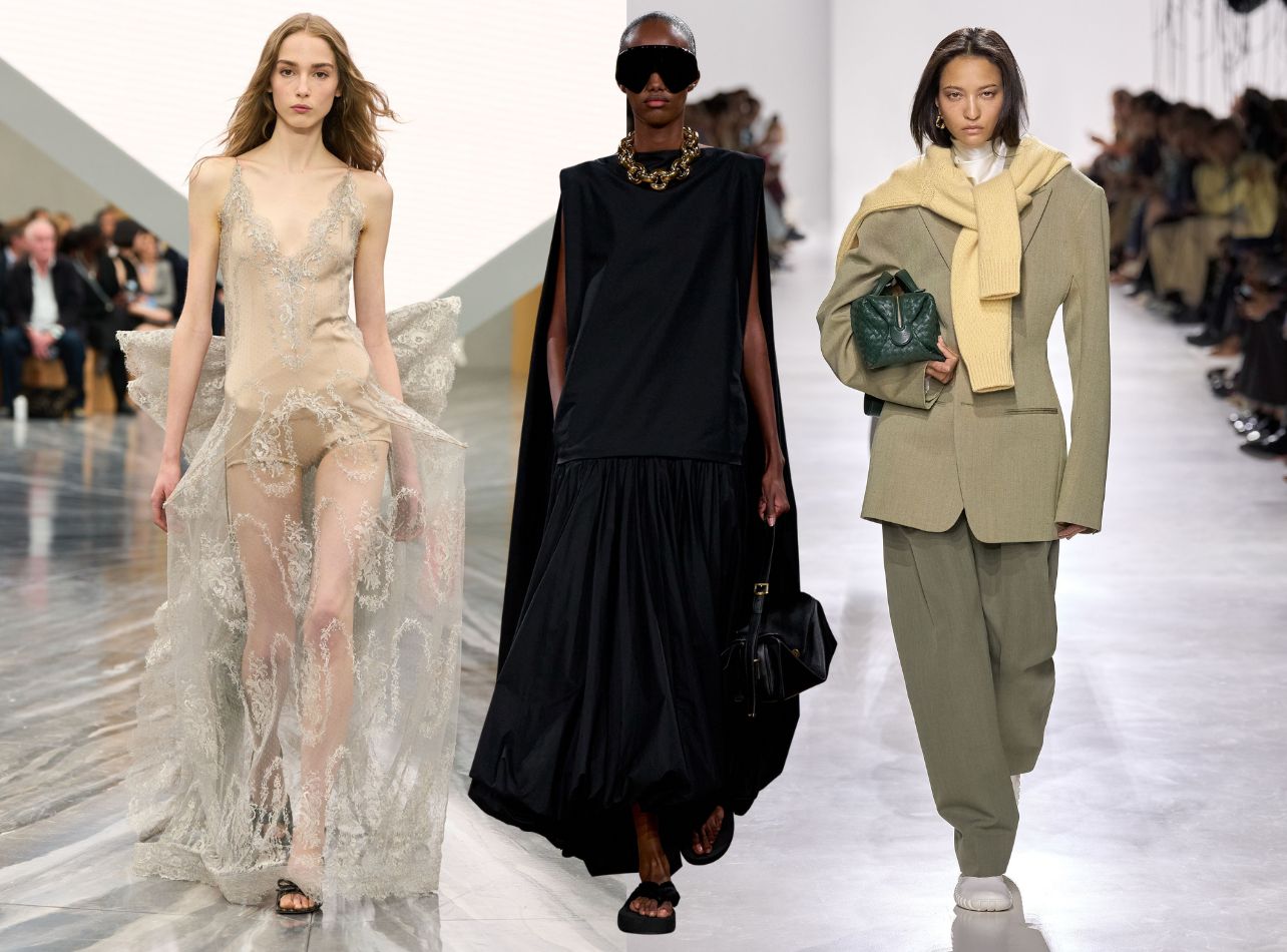 Collage of runway models wearing Dior, Balenciaga, and Bottega Veneta