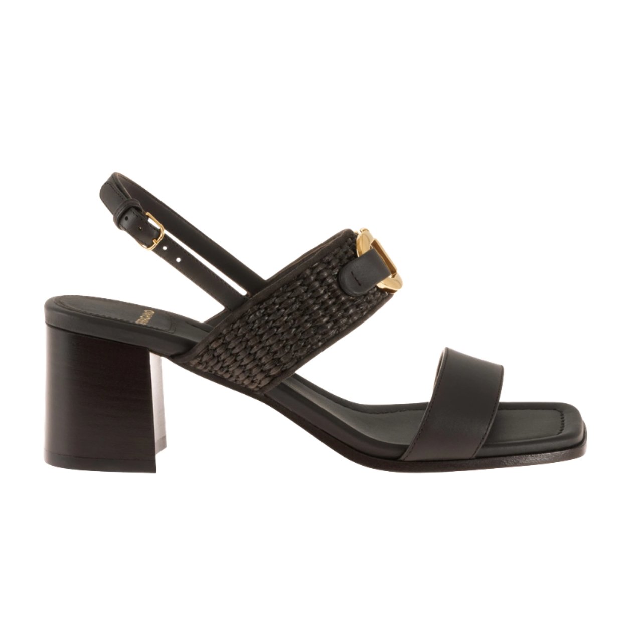 Ferragamo black woven heels with gold accents