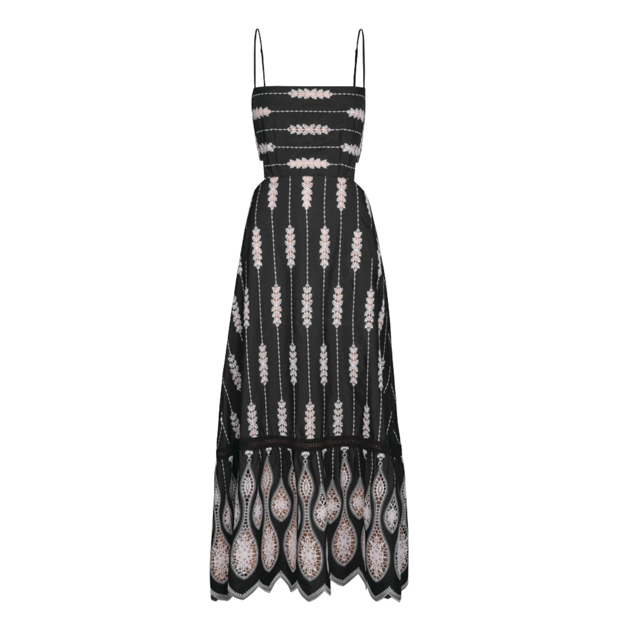 Johanna Ortiz long black dress with a white pattern