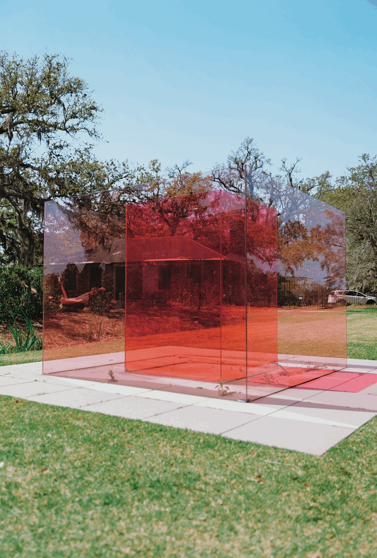 A red glass sculpture at the NOMA Sculpture Garden