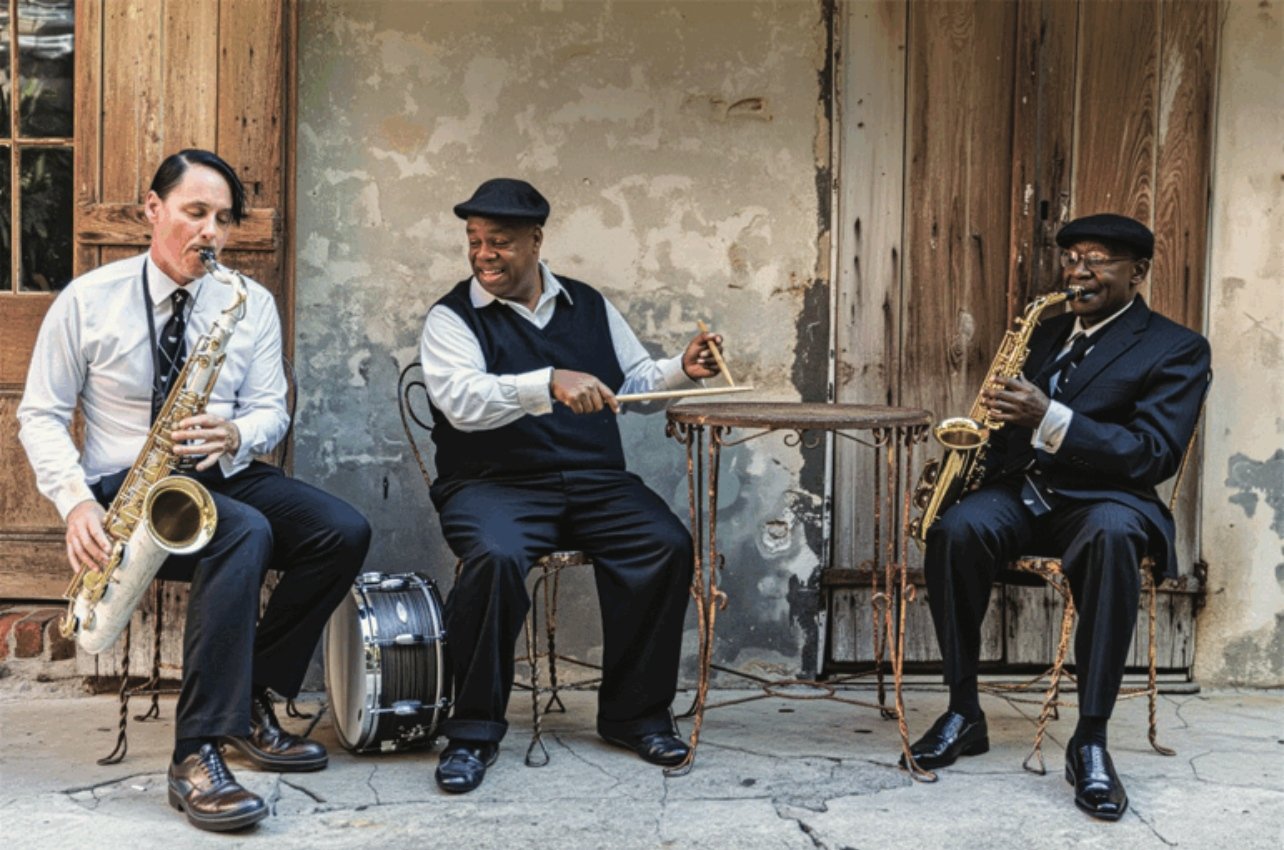 Three Jazz musicians playing outside at Preservation Hall in New Orleans