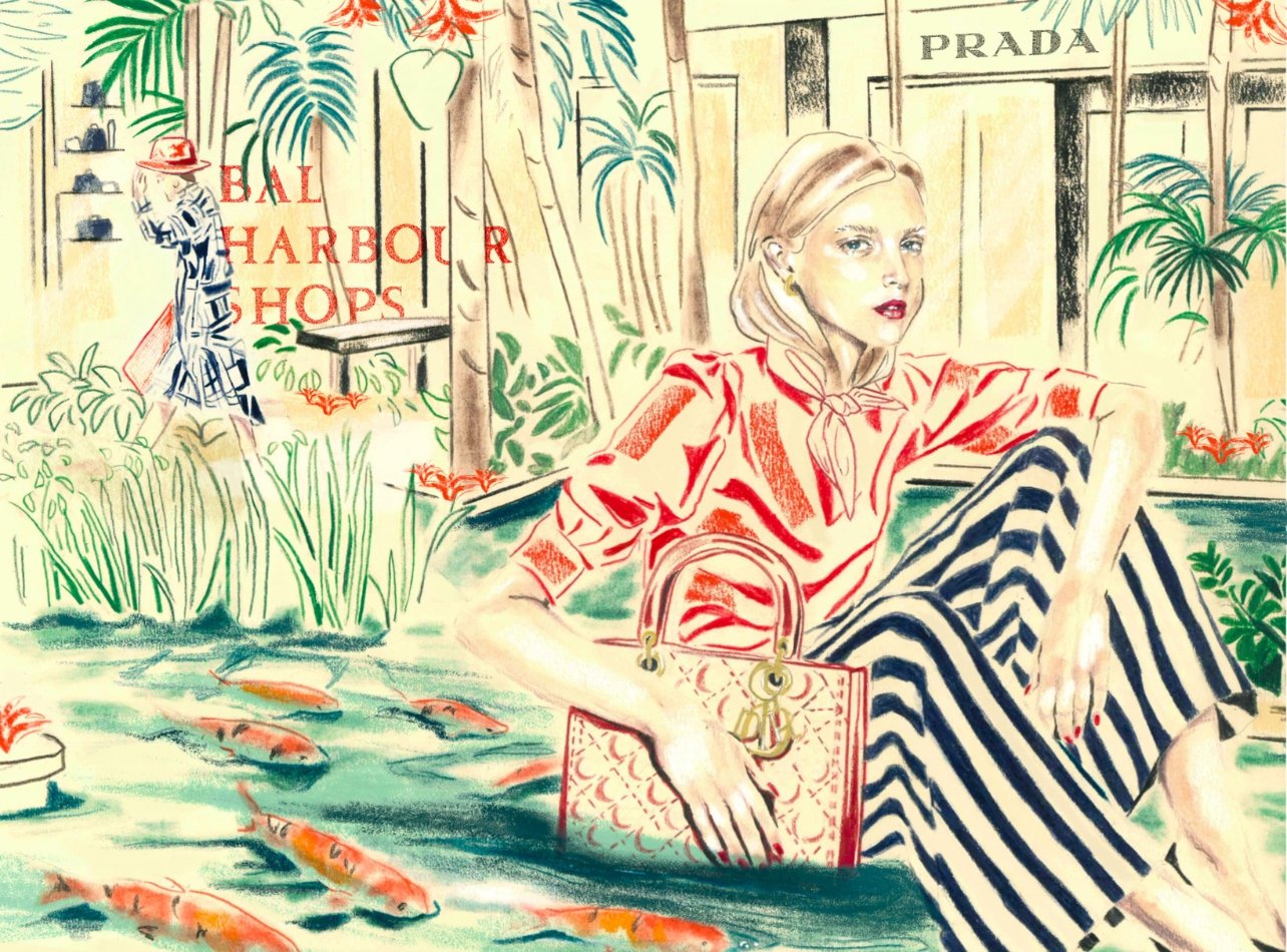 Illustration by Bar Persi, of a female in a red and nacy striped outfit with Bal Barbour shops depicted in the background