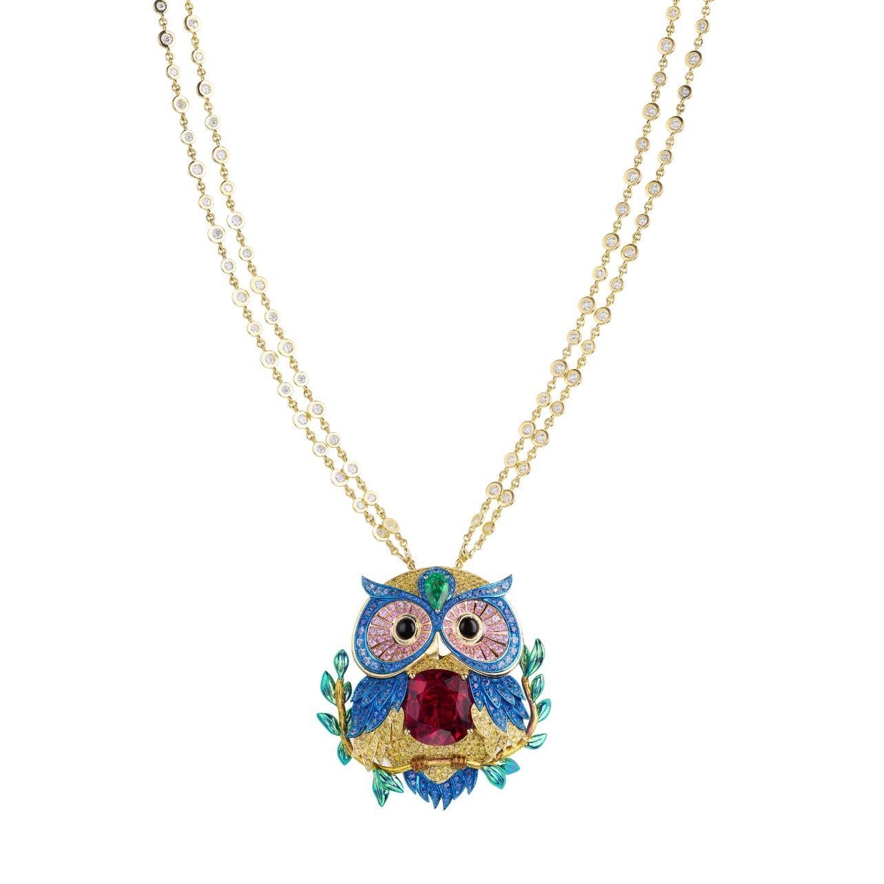 Chopard diamond jeweled owl pendant on double diamond chain