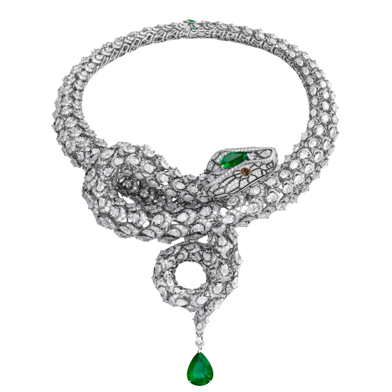 Chopard diamond snake necklace with hanging emerald