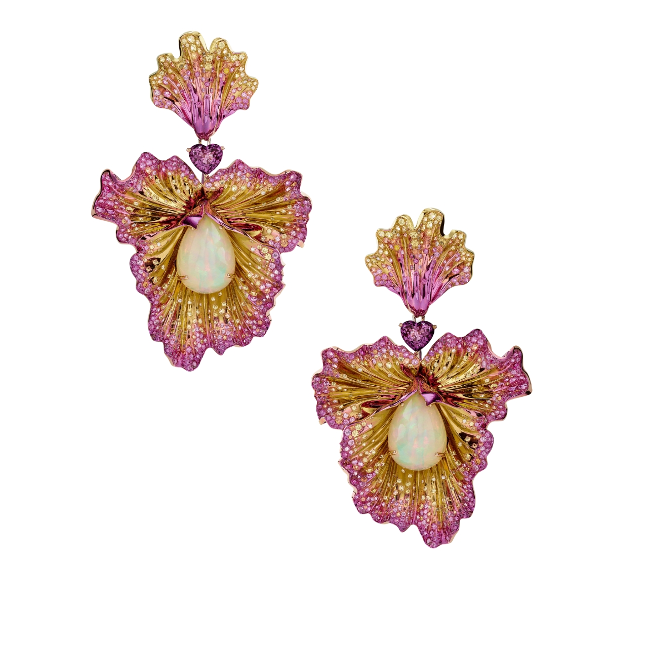 Chopard gold and jeweled floral earrings with Opal stone in middle