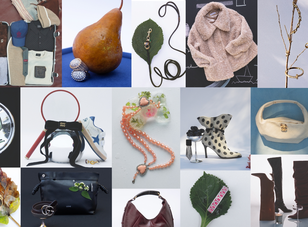 Collage of still-life fashion products and accessories