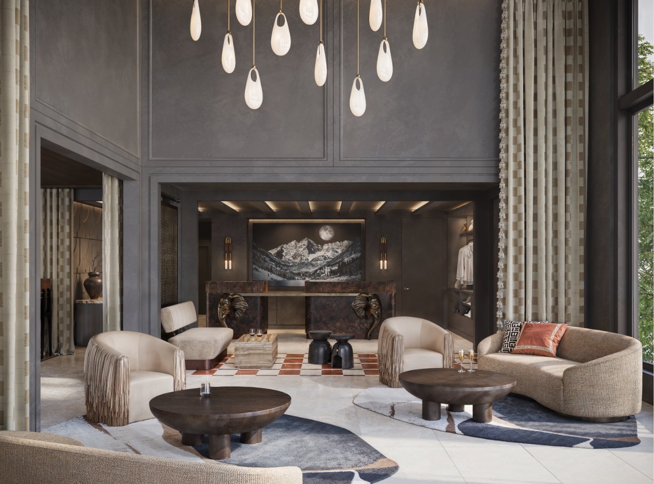 Lobby at the White Elephant Aspen with handing lights from the ceiling