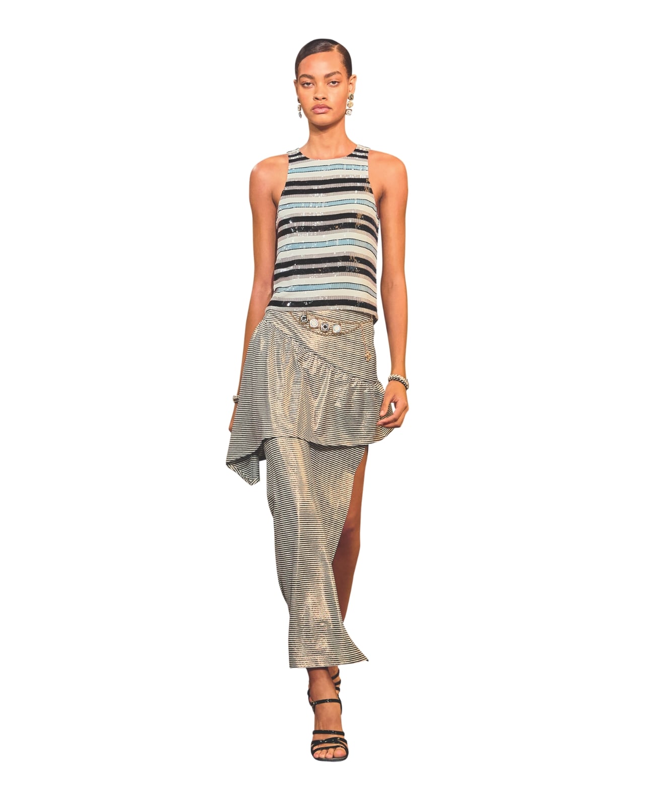 Chanel runway model wearing a striped top and skirt