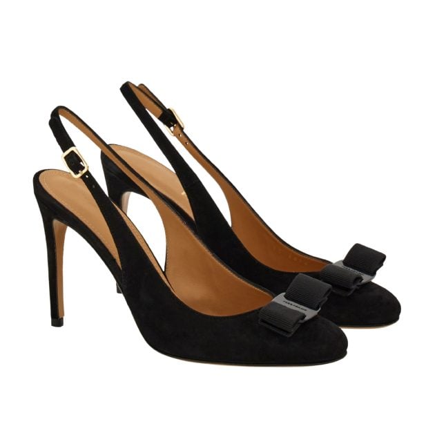 Ferragamo black slingback heel with black bow at the toe