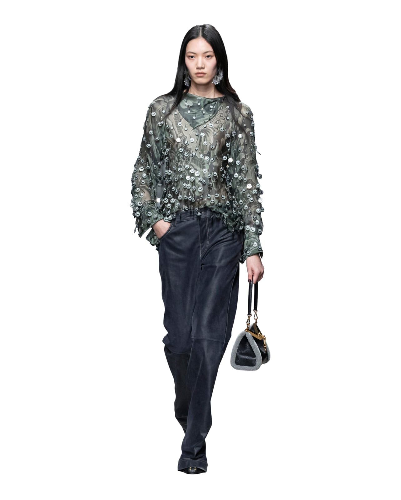 Etro runway model wearing a sequin embellished top