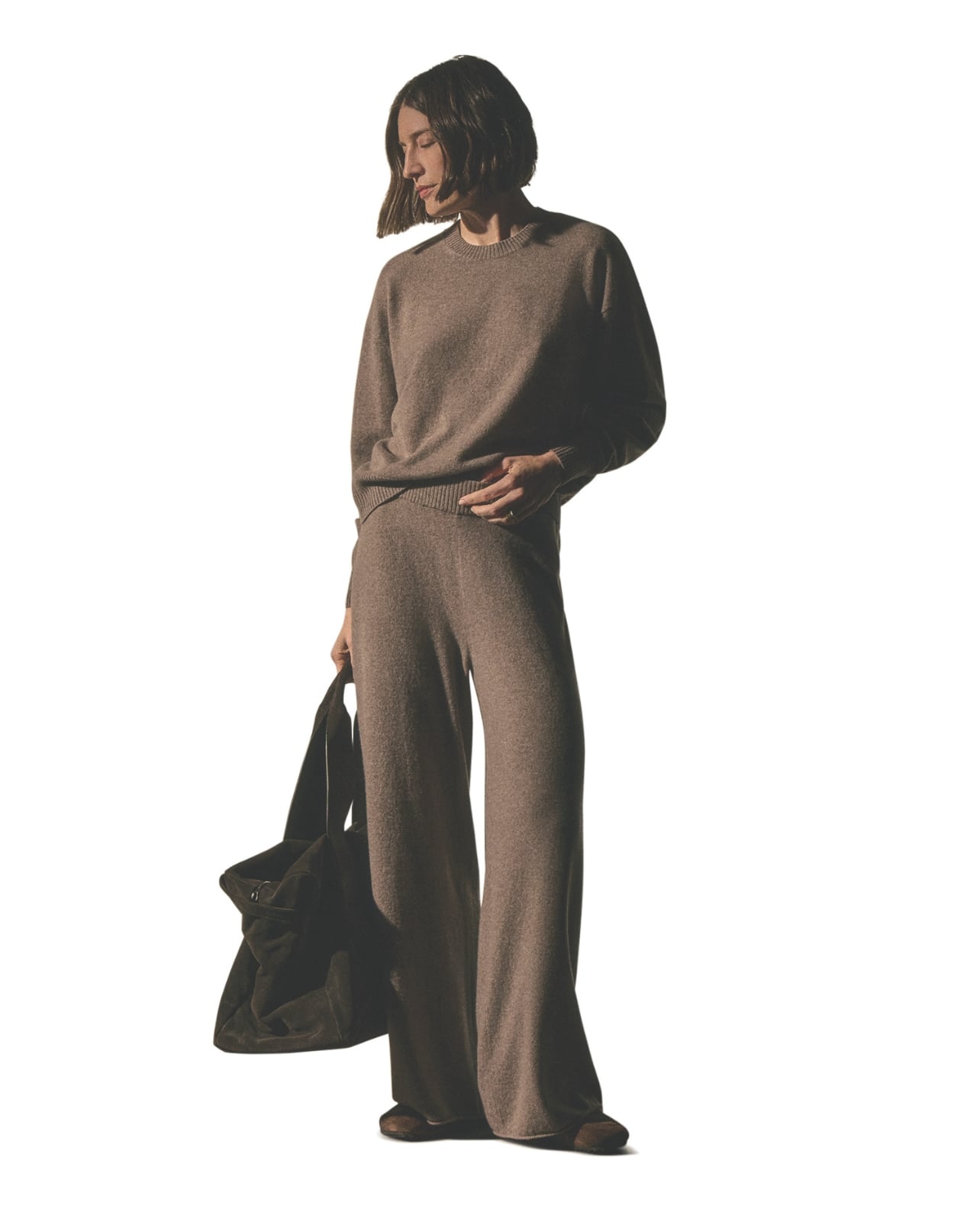 James Perse runway model in brown sweatshirt and pant set