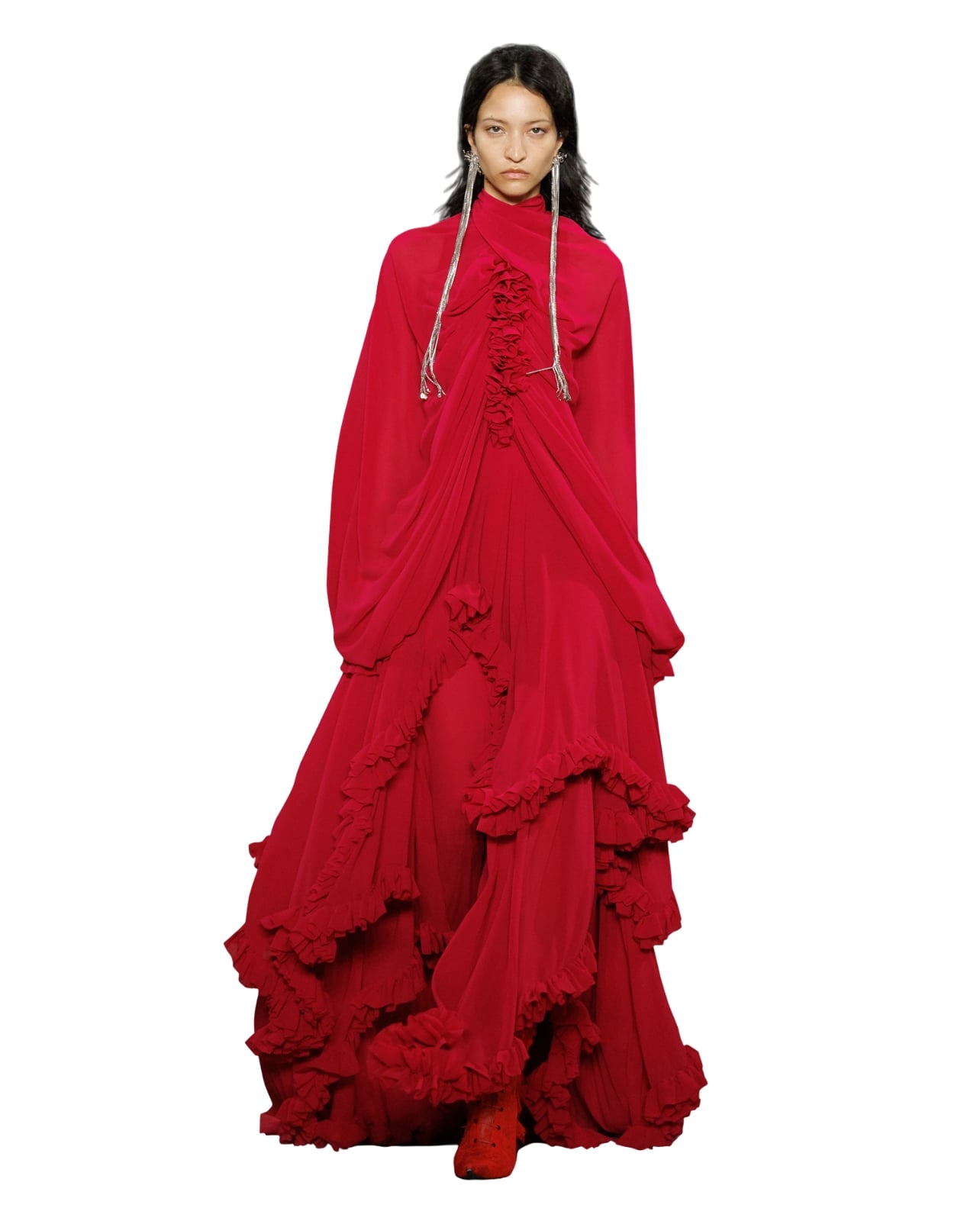 McQueen runway modeling wearing a red long dress