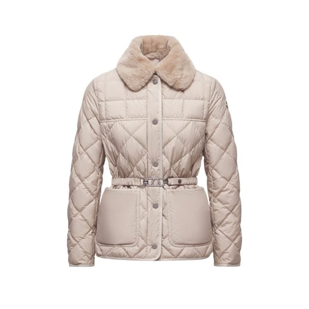 Moncler cream puffer jacket with fur collar