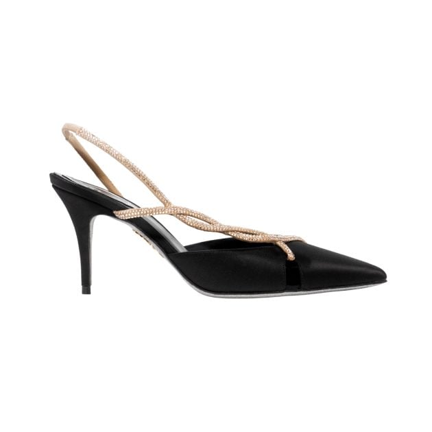 Rene Caovilla black slingback heels with gold diamond straps