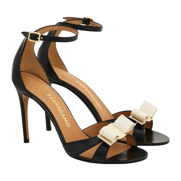 Ferragamo black sandal heel with white bow at the toe