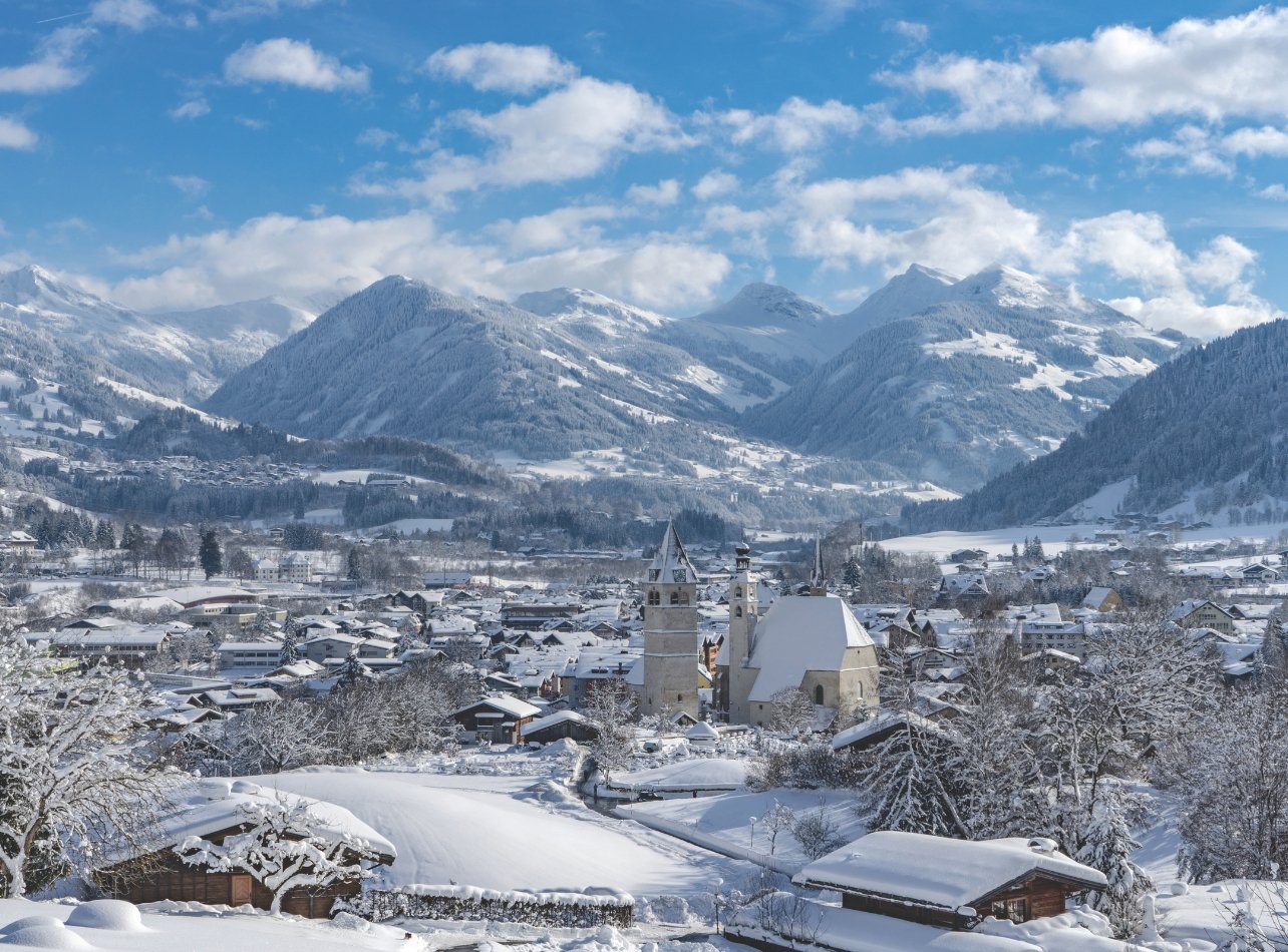A mountainous scenic view across Kitzbühel, Austria