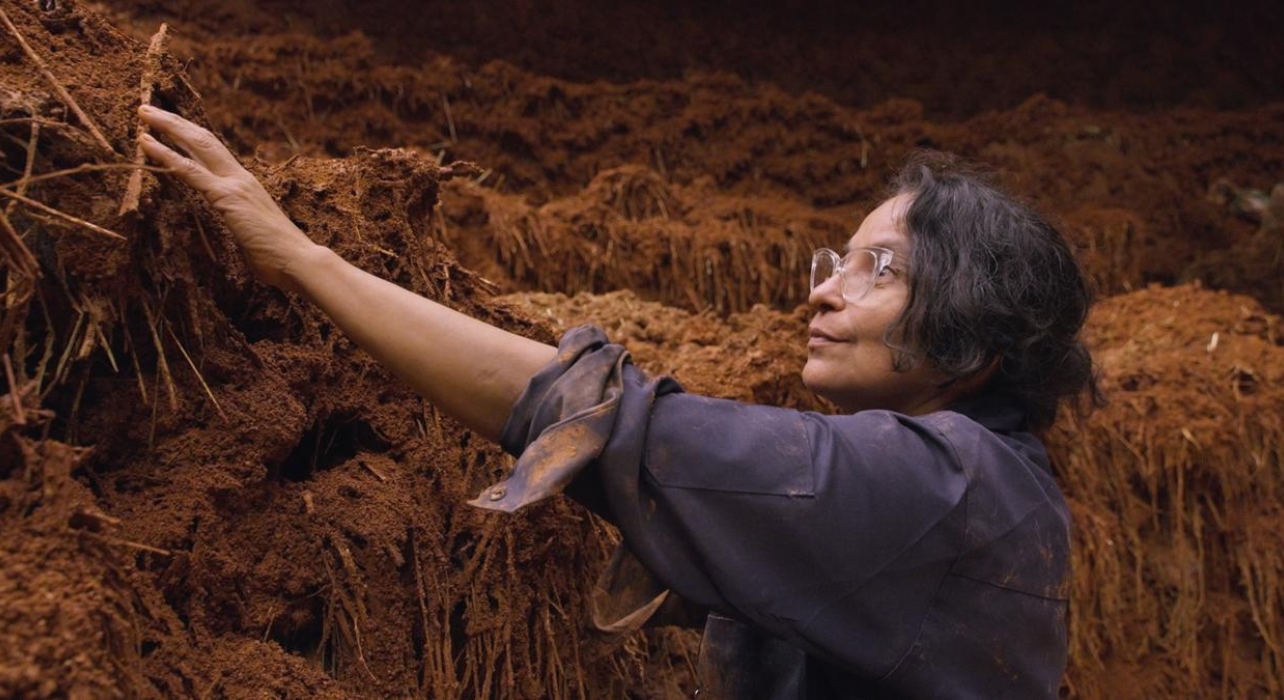 A photograph of a woman touching dirt