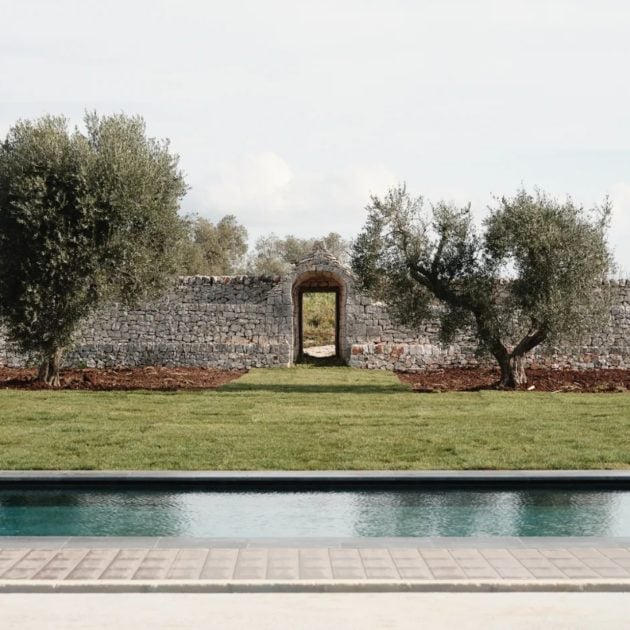 A landscape in Puglia with a stone wall and trees