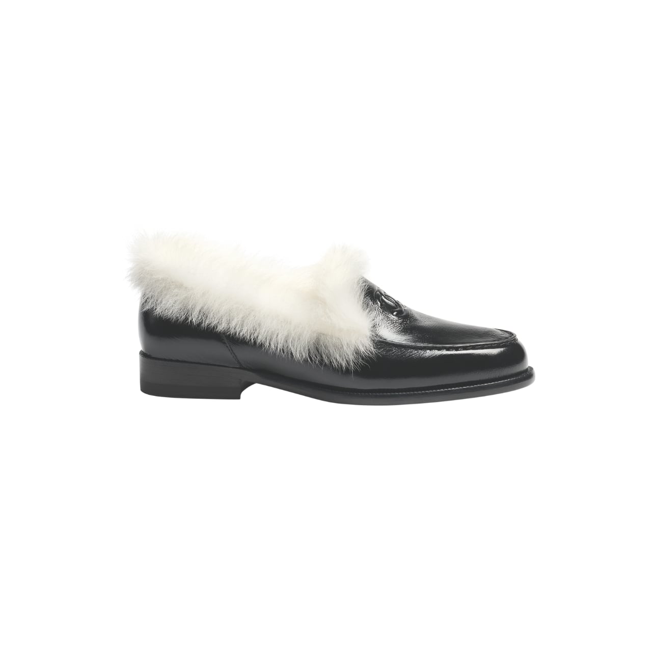 Chanel black lambskin and shearling moccasins with white fur