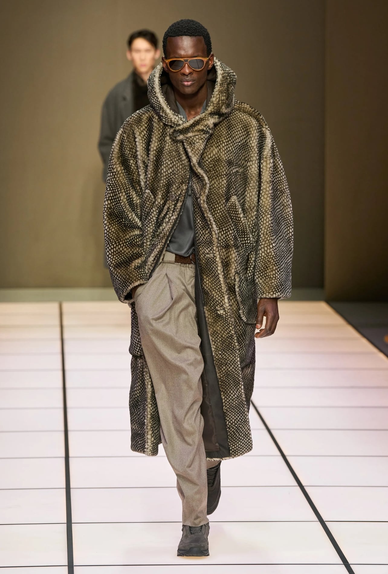 Runway model wearing a Giorgio Armani look from Fall 2026 Men’s Fashion Week