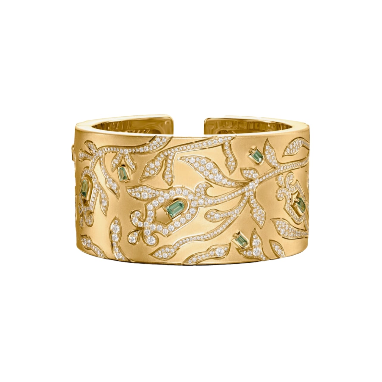 Davidor gold cuff with arch-cut green tourmalines and diamonds