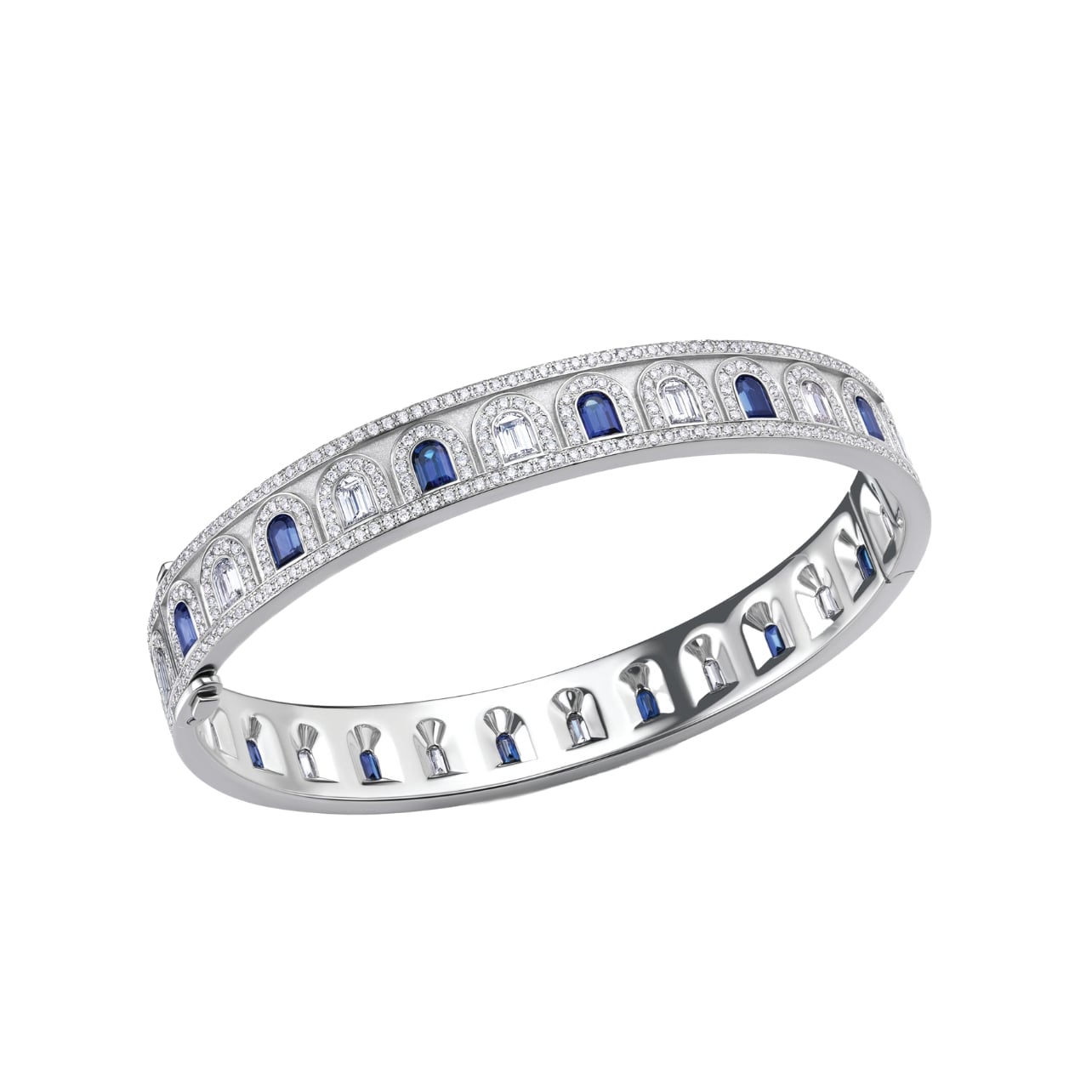Davidor L’Arc Deco platinum bangle with Davidor arch-cut diamonds, blue sapphires, and diamonds