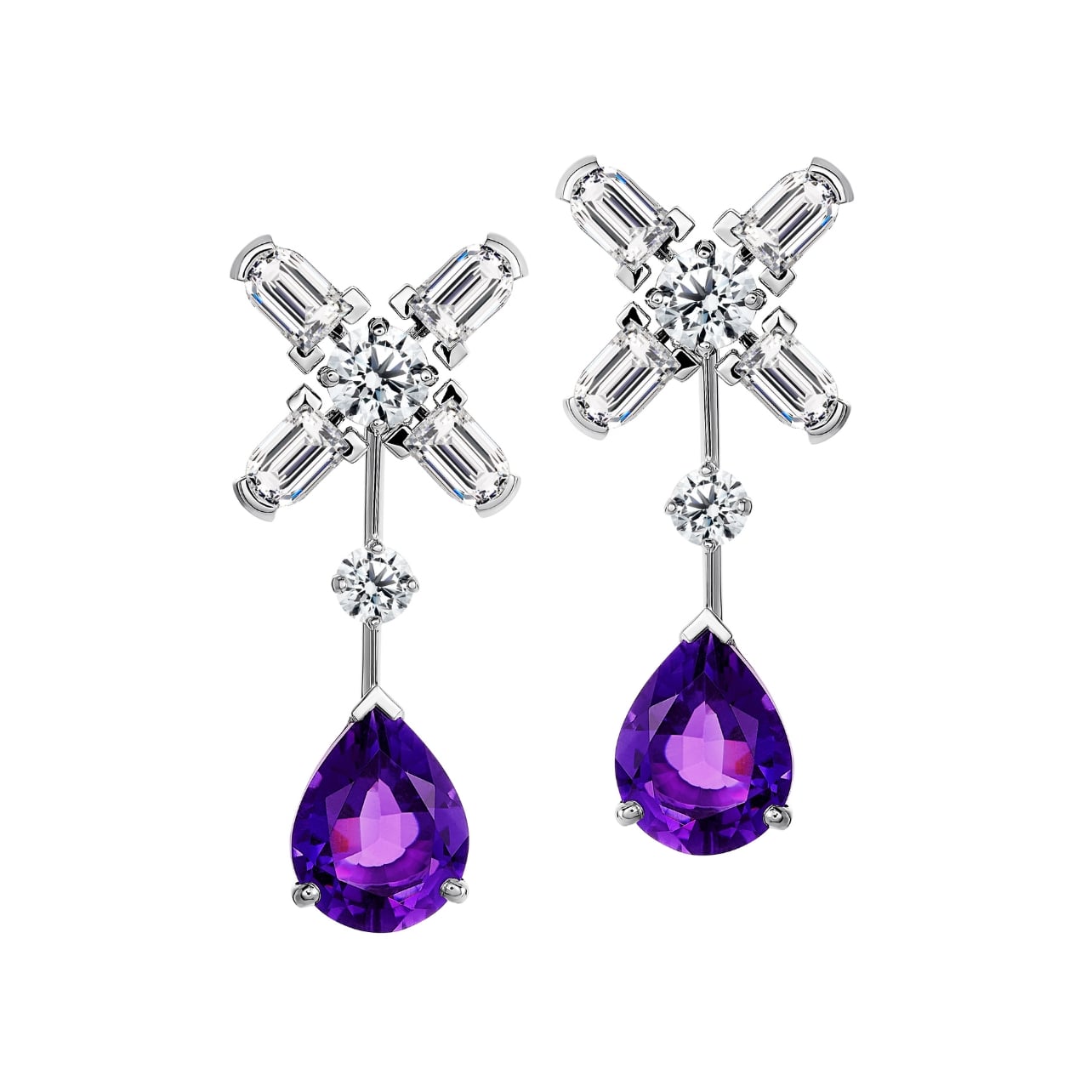 Davidor earrings with Brilliant Diamonds and Amethyst Pear Shaped Drops