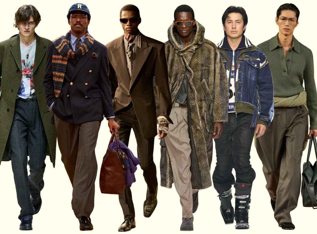 A collage of runway models from Men’s Fashion Week Fall 2026