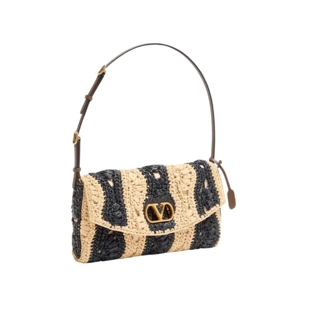Valentino Garavani small raffia shoulder bag with black and tan stripes