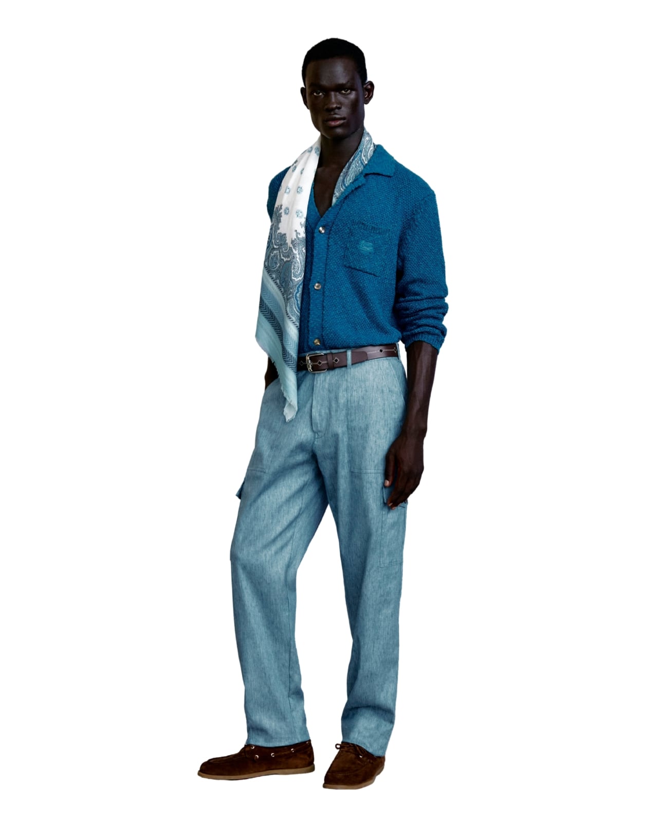 Etro runway model wearing blue pants a blue button-up shirt and a neck scarf