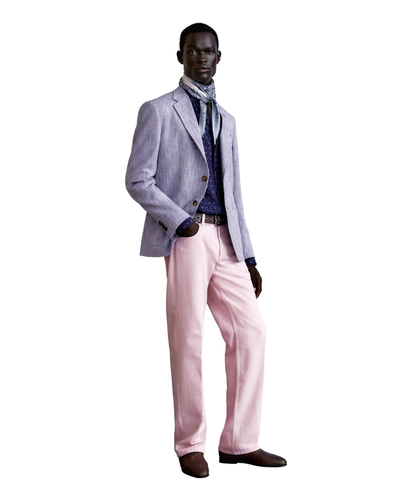 Etro runway model wearing pink pants a blazer and a neck scarf