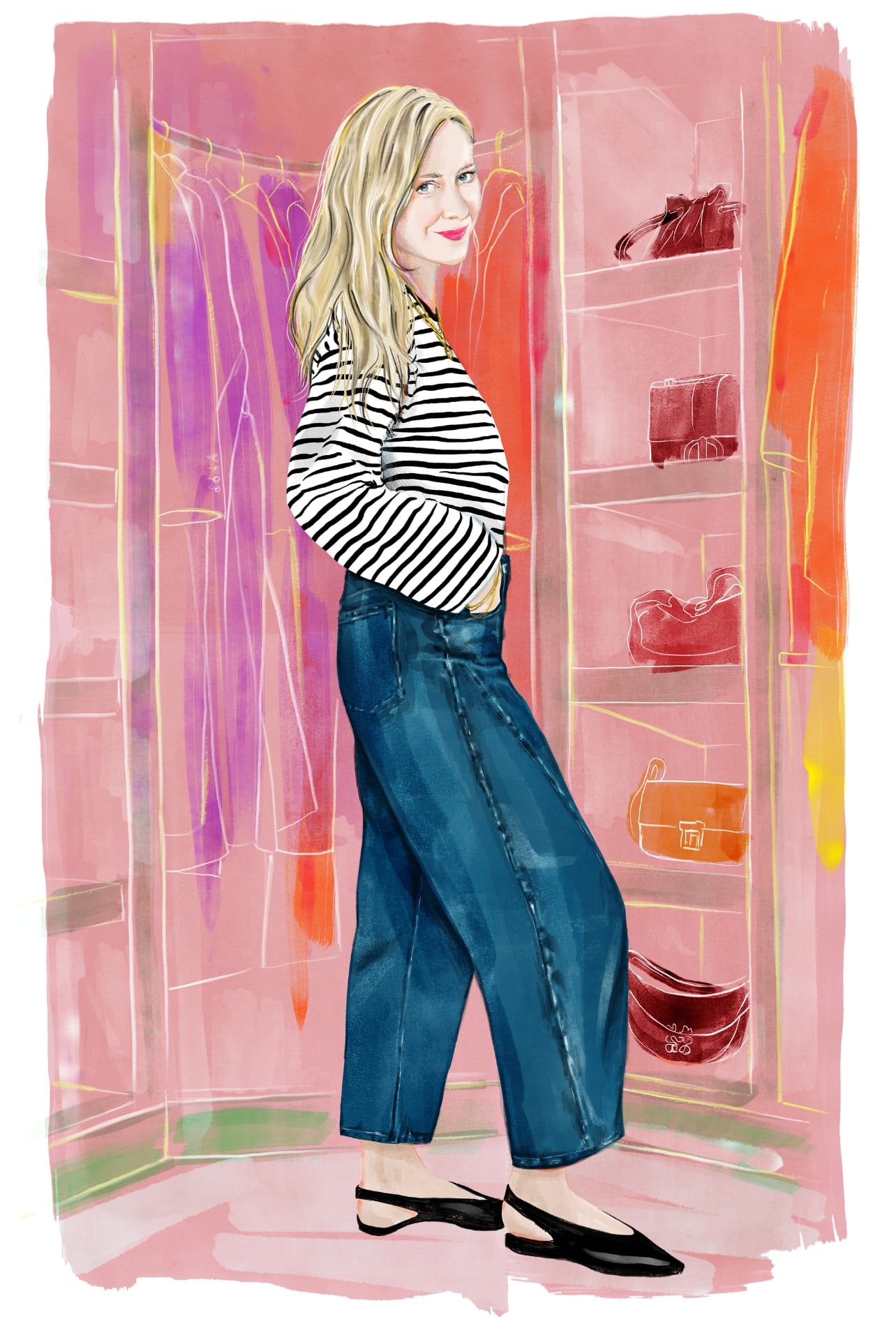 A fashion illustration portrait of stylist, Cher Coulter with her closet