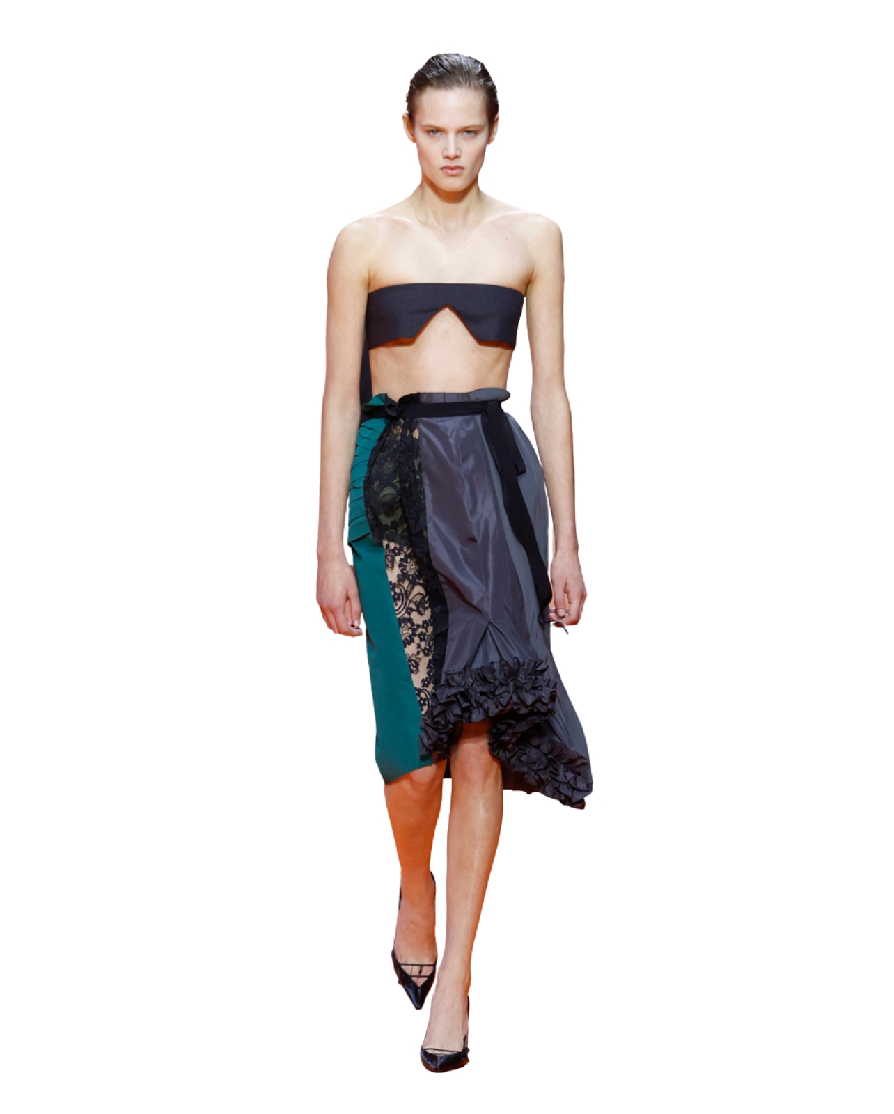 Prada runway model wearing a black bralette and a lace and silk skirt