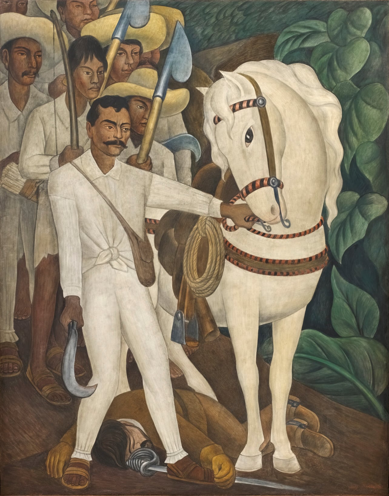 A painting of a man with a white horse