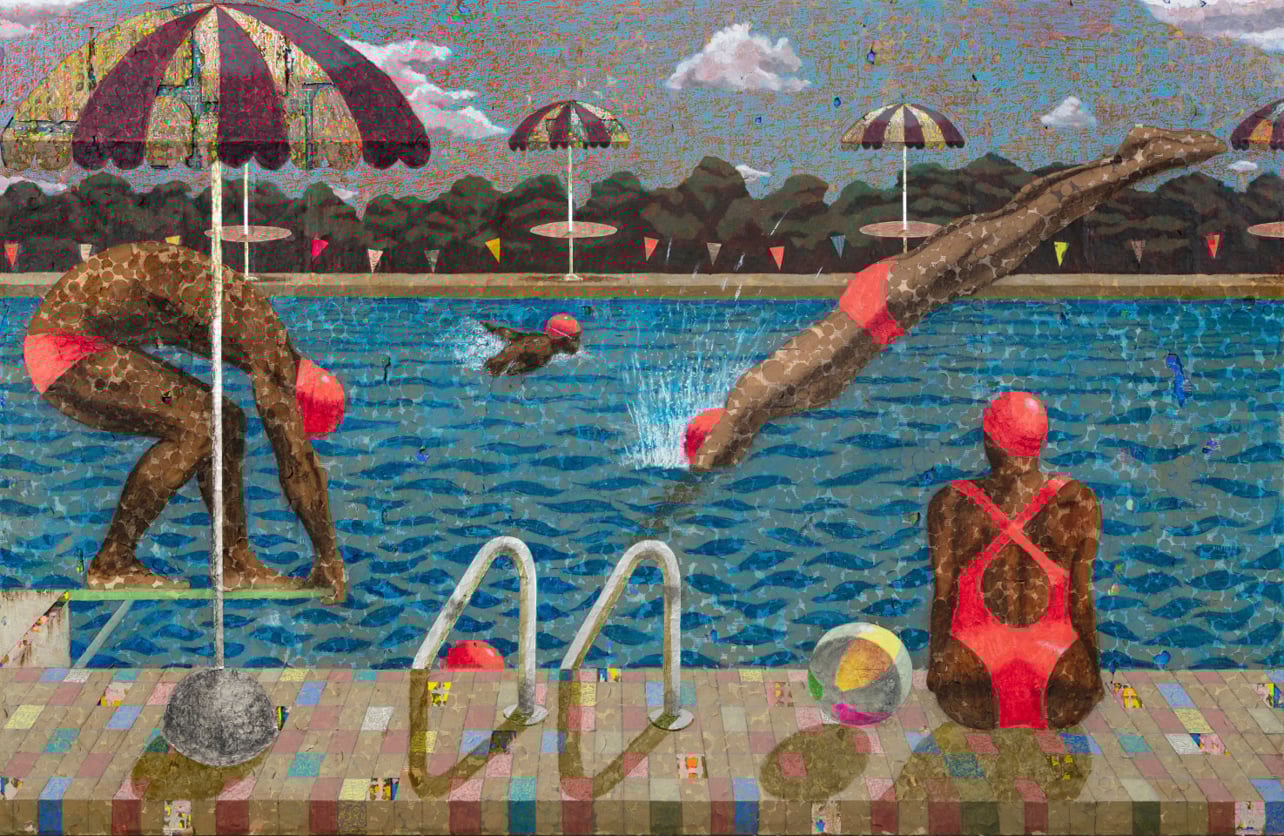 A painting of swimmers in red suits at a pool