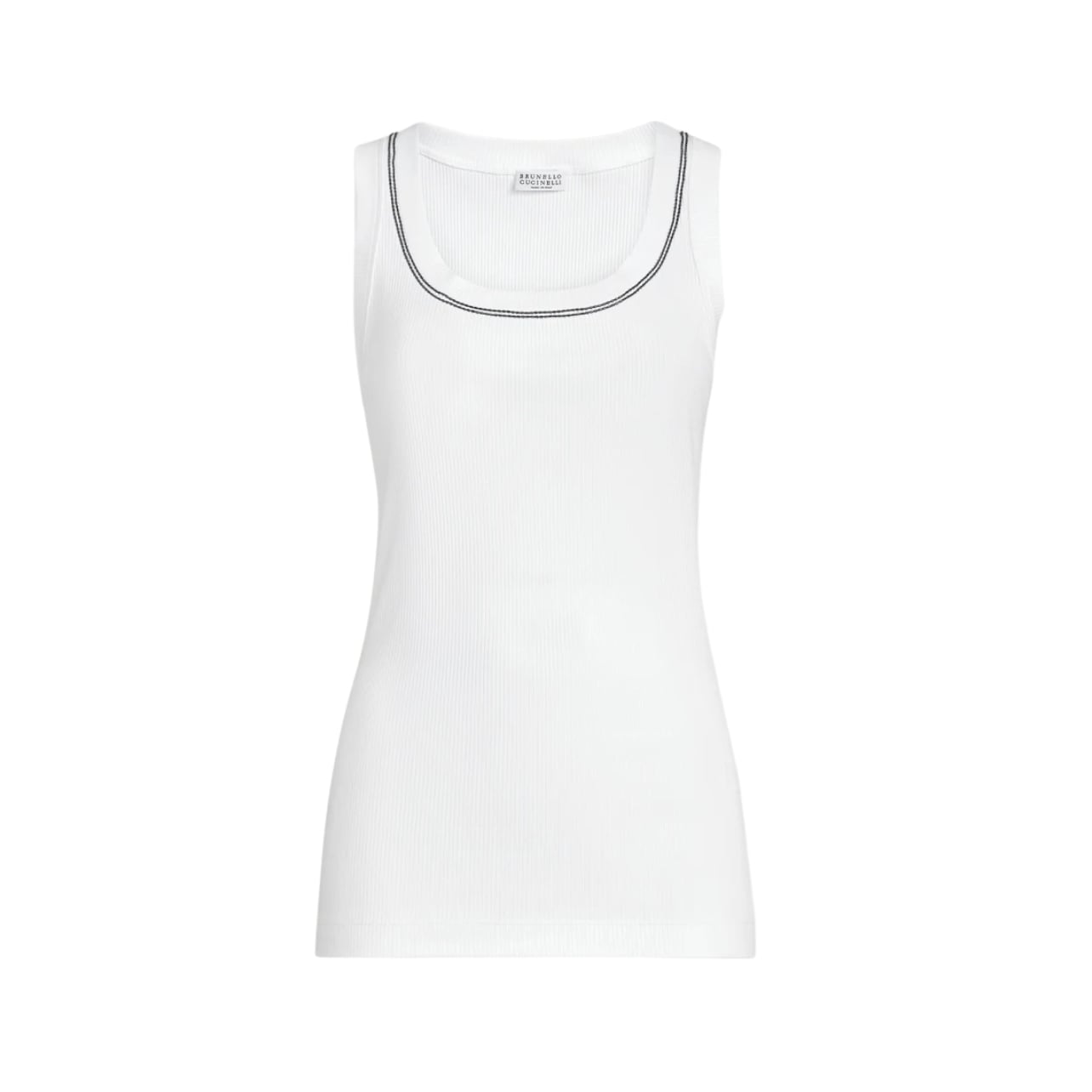Brunello Cucinelli-Stretch cotton ribbed jersey top with shiny trim-white tanktop